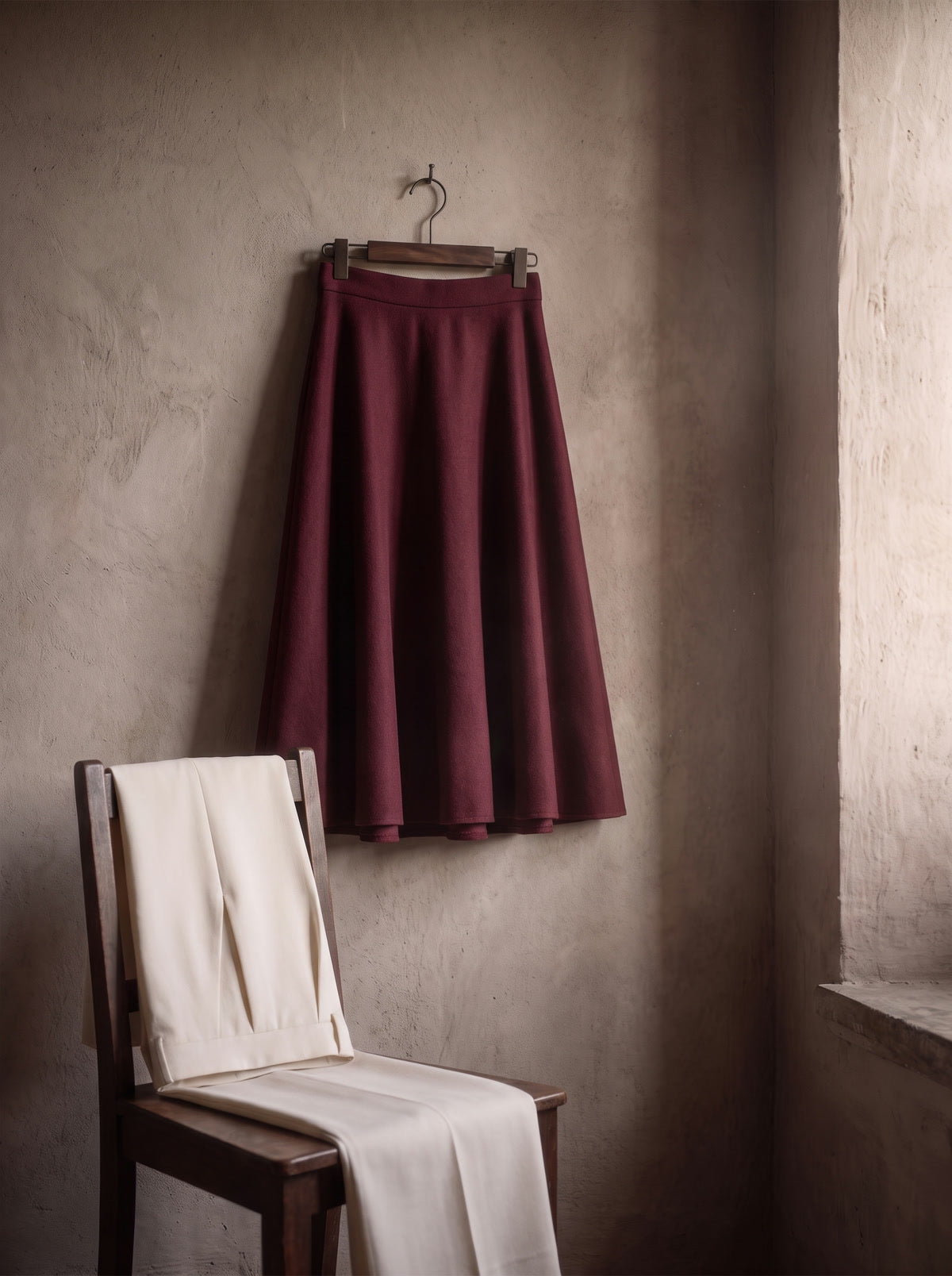 Falda midi color vino colgada en una percha y pantalón crema doblado sobre una silla de madera.